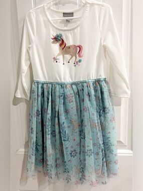 Berkley Girls' White & Aqua Unicorn Tulle Dress, Size 6, Worn once
